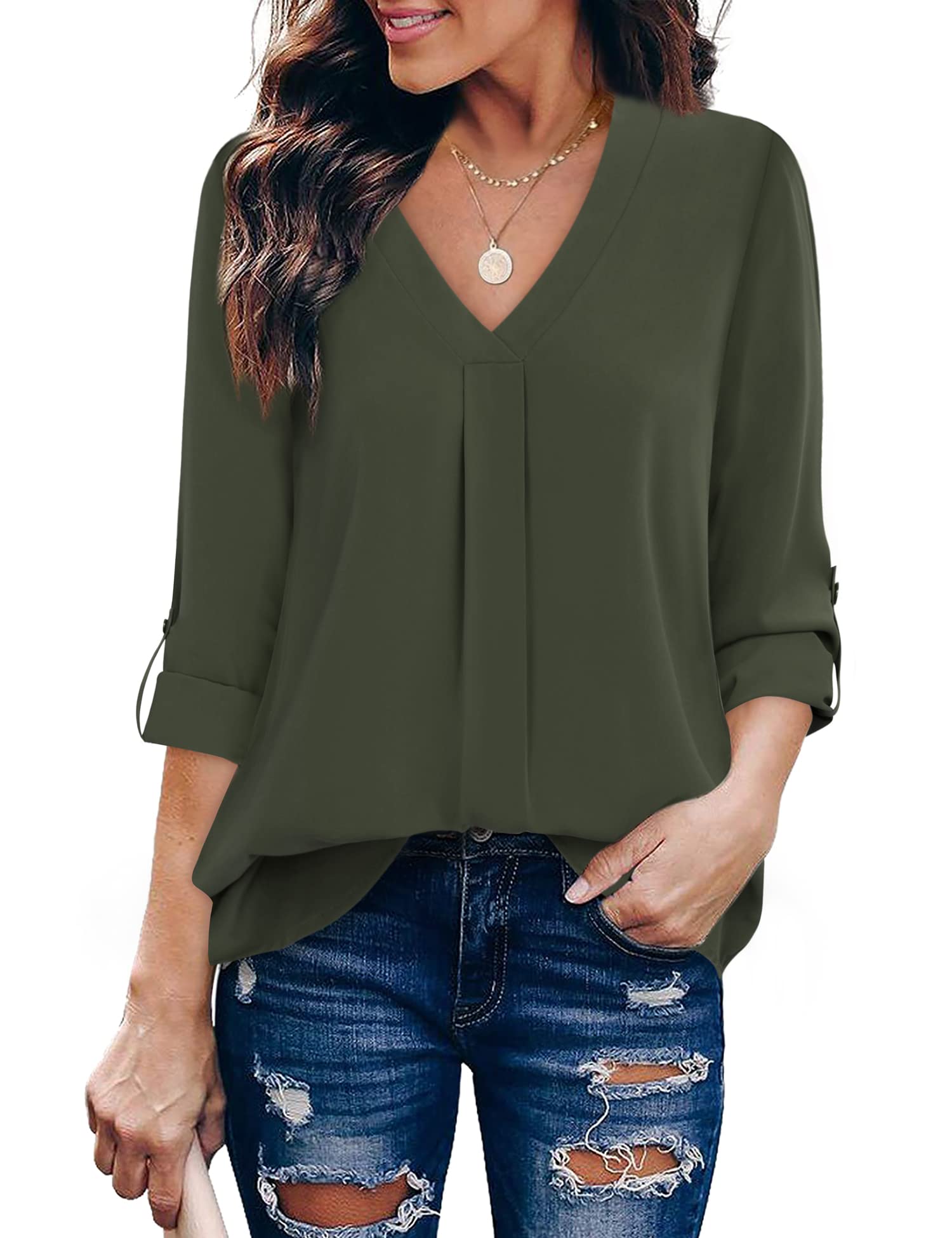 Book Cover Youtalia Womens 3/4 Cuffed Sleeve Chiffon Printed V Neck Casual Blouse Shirt Tops Small Army Green