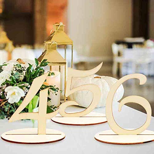 Book Cover AerWo Wooden Table Numbers 1-20 for Wedding Reception and Decorations - Elegant Wedding Table Number with Base for Wedding Birthday Baby Shower Table Centerpiece