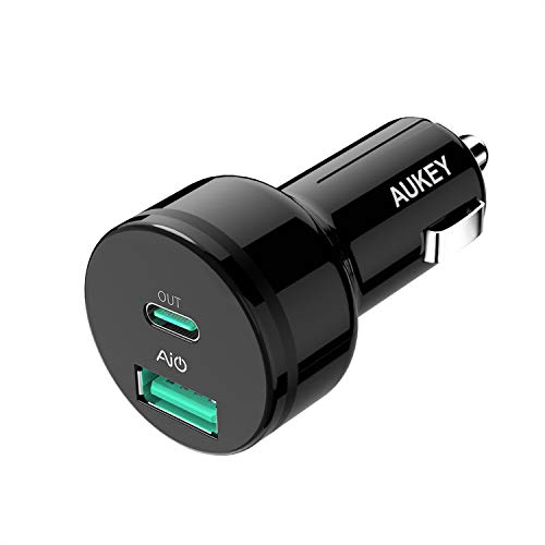 Book Cover AUKEY Car Charger with Power Delivery, 27W USB-C & 5V/2.4A USB Dual Port Output for Macbook, iPhone X / 8 / Plus, SamsungÂ Galaxy Note8 and MoreÂ 