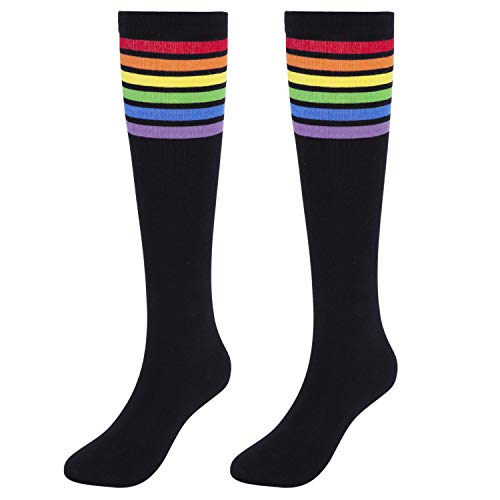 Book Cover KONY Women's Cotton Colorful Striped Rainbow Knee High Socks 1/3 Pairs, Comfortable Stay Up Best Gift Size 6-10