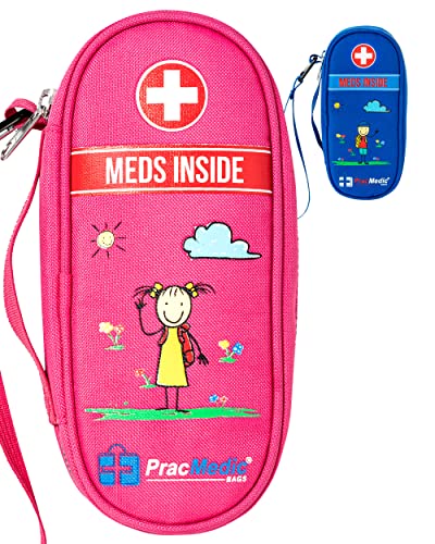 Book Cover PracMedic Bags Epipen Carry Case Kids- Insulated, Holds 2 Epi Pens or Auvi Q, Antihistamine. Inhaler, Nasal Spray, Eye Drops, Allergy Medicine- Medical Carrying Case for Emergencies- Updated (Pink)