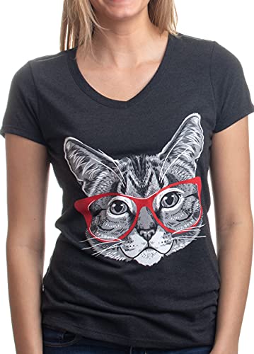 Book Cover Red Linda Glasses Cat | Sassy Funny Kitty Belcher Cute V-Neck T-Shirt for Women