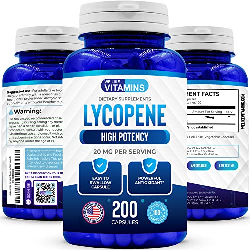 Book Cover We Like Vitamins Lycopene 20mg Per Serving - 200 Capsules - Lycopene Supplement - Super Antioxidant which Helps Support Immune System and Prostate Health