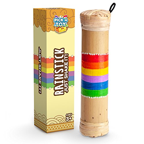 Book Cover PICK A TOY Bamboo Rainstick Rain Shaker Sensory Toy Musical Instrument for Kids and Adults, Lightweight and Easy to Use Music Game, Rainbow Colored Rain Maker – with Gift Box