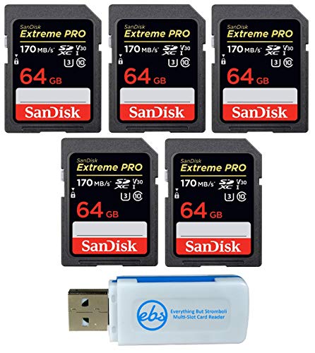 Book Cover SanDisk 64GB (Five Pack) Extreme Pro Memory Card (SDSDXXG-064G-GN4IN) SDXC 4K V30 UHS-I with Everything But Stromboli (TM) Combo Reader
