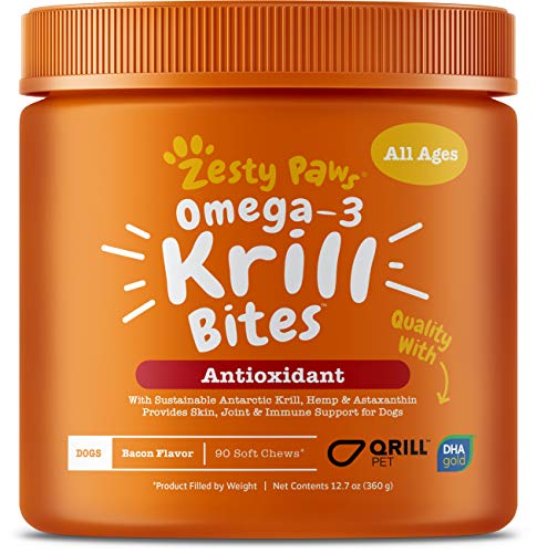Book Cover Omega 3 Krill Fish Oil for Dogs - Hip & Joint Arthritis Relief + Skin & Coat Health Supplements - With Qrill Pet Meal & DHAgold + Hemp & Astaxanthin - Brain, Heart & Immune Support - 90 Chew Treats