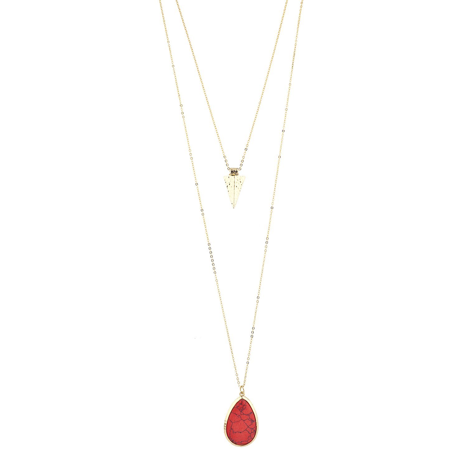 Book Cover Lux Accessories Women's Stone Teardrop & Arrowhead Double Layered Necklace Set Red Stones