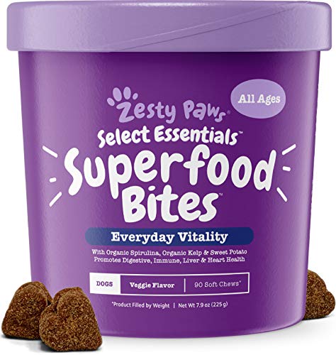 Book Cover Superfood Chewable Treats for Dogs - Grain Free Fruit & Veggies Dog Supplement - Spirulina, Pumpkin, Coconut Oil & Kelp - Vitamins, Antioxidants & Omega 3 6 9 - Digestive & Immune Support - 90 Count