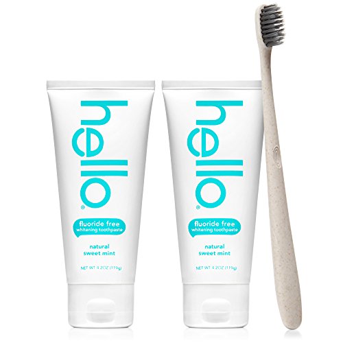 Book Cover Hello Oral Care Whitening Fluoride Free and SLS Free Toothpaste Twin Pack with Tan BPA-Free Toothbrush, Natural Sweet Mint