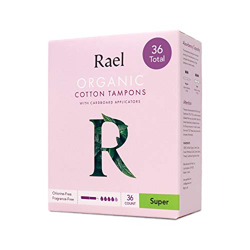 Book Cover Rael Organic Cardboard Applicator Tampons - Super Absorbency with New Easy Grip Applicator, Unscented, Biodegradable, Chlorine Free, for Sensitive Skin (36ct Total), Pack of 2 (Super)