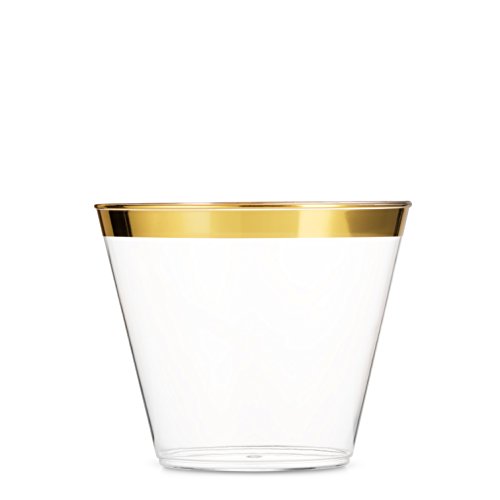 Book Cover 100 Gold Plastic Cups 9 Oz Clear Plastic Cups Old Fashioned Tumblers Gold Rimmed Cups Fancy Disposable Wedding Cups Elegant Party Cups with Gold Rim