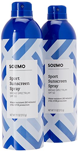 Book Cover Amazon Brand - Solimo Sport SPF 50 Continuous Sunscreen Spray Broad Spectrum, Water Resistant 80 Minutes, 11 Ounce (Pack of 2)