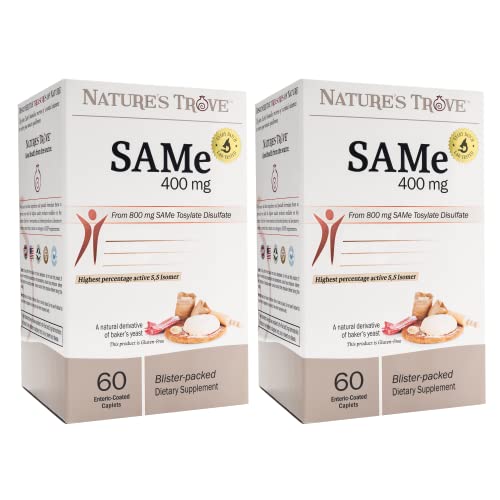Book Cover Nature's Trove SAM-e 400mg 120 Enteric Coated Caplets (2 Boxes of 60) - Vegan, Kosher, Non-GMO, Soy Free, Gluten Free - Mood and Joint Comfort - Cold Form Blister Packed