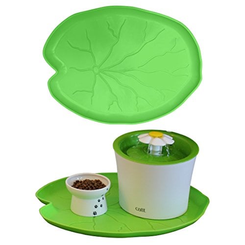 Book Cover Premium Pet Food Tray - Dog And Cat Food Mat With Green Leaf Design - Best For Catit And Drinkwell Fountains