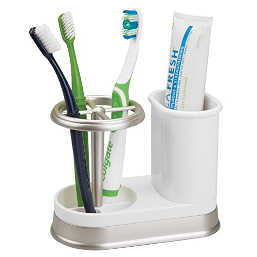 Book Cover mDesign Decorative Bathroom Dental Storage Organizer Holder Stand for Electric Spin Toothbrush/Toothpaste - Compact Design for Countertop and Vanity, Holds 4 Standard Brushes - White/Matte Satin