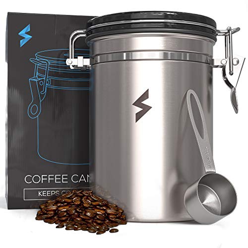 Book Cover SparkPod Airtight Coffee Container w/Grounds Scoop (Large) Stainless Steel Canister w/ CO2 Valve | Kitchen Accessory for Flour, Sugar, Condiments | Ecofriendly
