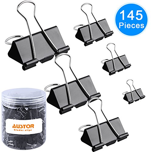 Book Cover AUSTOR 145 PCS Binder Clips Black Paper Clamps Assorted 6 Sizes Paper Clips with Box for Office, School and Home Supplies