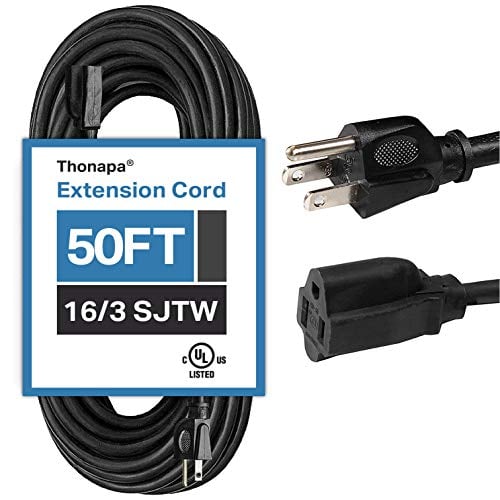 Book Cover Thonapa 50 Ft Black Extension Cord - 16/3 Heavy Duty Electircal Cable with 3 Prong Grounded Plug for Safety