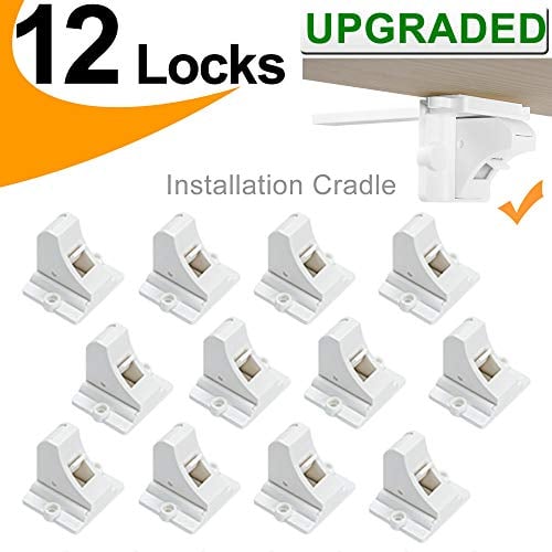 Book Cover Baby Proofing Magnetic Cabinet Locks Child Safety - VMAISI 12 Pack Children Proof Cupboard Baby Latches - Adhesive Magnet Drawers Locks No Drilling