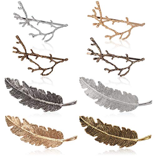 Book Cover Womens Barrettes, Fascigirl 8pcs Metal Hairpins Golden Silver Butterfly Hair Clips for Girls Tree Branch Alloy Geometrical Moon Circle Bowknot Hair Circle Barrettes (Branch feathers)