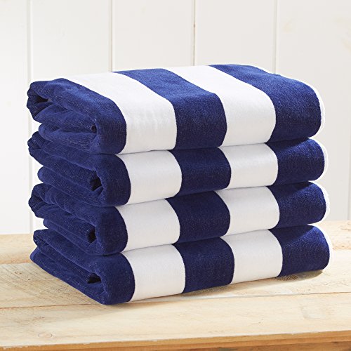 Book Cover 4 Pack Plush Velour 100% Cotton Beach Towels. Cabana Stripe Pool Towels for Adults. (Navy, 4 Pack- 30
