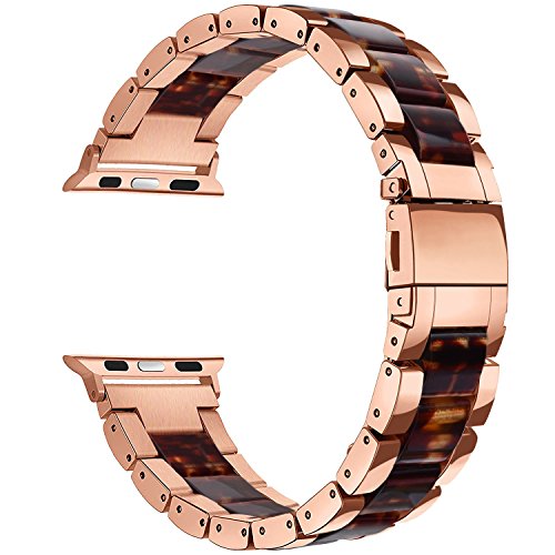 Book Cover V-MORO Resin Bracelet Compatible Apple Watch Band 44mm 42mm iWatch Women Series 6/5/4/3/2/1, Luxury Metal Stainless Steel Metal Wristband Bracelet Strap (Tortoise/Rose Gold, 42mm)