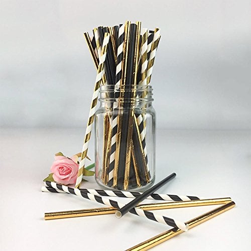 Book Cover Dulousia Biodegradable Stripe Straws Gold and Black Paper Drinking Straws for Party 100 Pcs 7.75 Inches for Adult and Kids