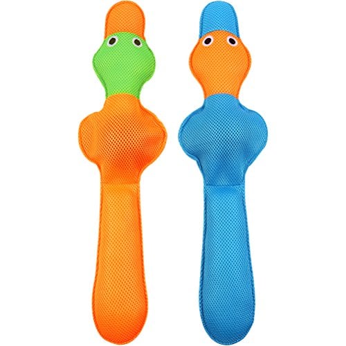 Book Cover EXPAWLORER Floating Dog Water Pool Toys - 2 Pcs Squeaky Duck for Pet Training & Chewing, Blue, Orange, 20.5-Inch