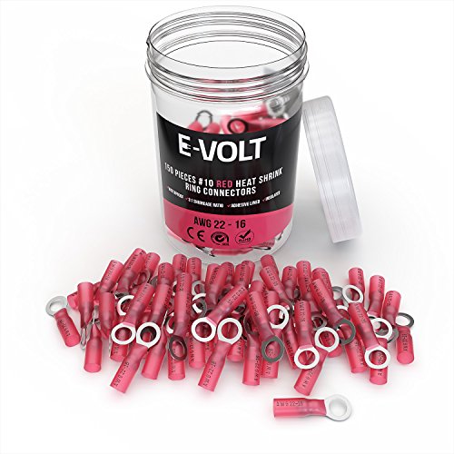 Book Cover E-VOLT Heat Shrink Wire Connectors – #10 Red, 150 PC, 3:1 Shrinking Ratio Adhesive Tube Electrical Crimp Connector for 22-16 AWG | Industrial Grade Bulk Wire Crimps for Automotive, Boats and Audio