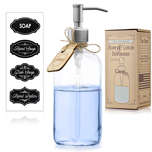 Book Cover Premium Dish, Hand Soap or Lotion Dispenser | Kitchen Sink, Bathroom, Home Decor, Clear Glass Boston Round Bottle | Rust Resistant Stainless Steel Pump | Chalk Labels (16oz, Farmhouse Silver Pump)