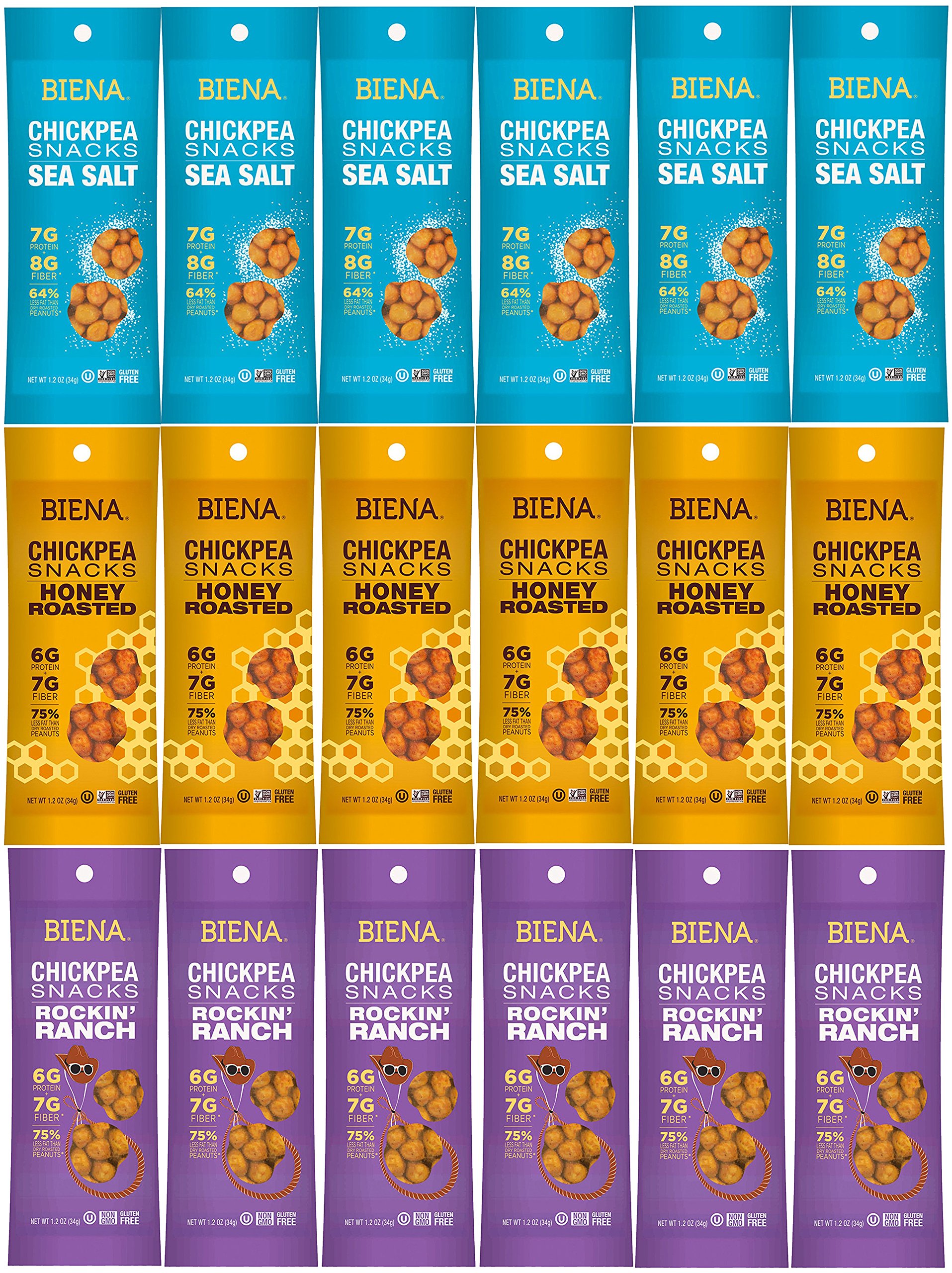 Book Cover Biena Chickpea Snacks, NON GMO, Gluten Free, Excellent Source of Fiber, Healthy Treats For Everyday, Variety Pack Sampler (18 Count)