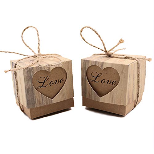Book Cover VGoodall 100PCS Wedding Favor Candy Boxes, 2x2x2 Inches Mini Cube Brown Candy Gift Boxes with Heart Burlap Jute Twine for Guests Bridal Baby Shower Birthday Party Decorations