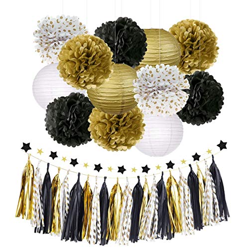Book Cover NICROLANDEE Black and Gold Party Decorations - 28Pcs Tissue Paper Pom Poms Flowers Hanging Paper Lanterns Star Garland Tassel for Wedding, Birthday, Prom Decorations, New Years Eve Party Supplies