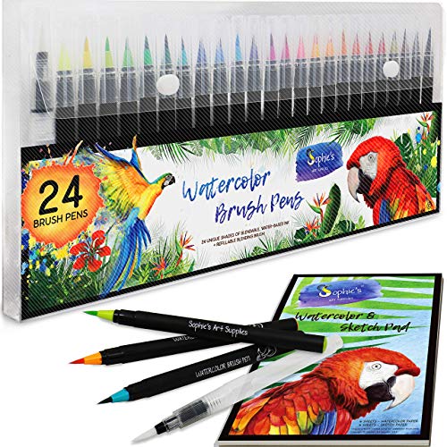 Book Cover Premium Watercolor Real Brush Pens by Sophie's Art Supplies [24 Pack]. Vibrant Water Soluble Ink. Flexible Brush Tips for Watercolor Effects, Coloring and Calligraphy. Free Blending Brush + Pad!