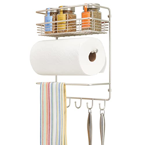 Book Cover mDesign Metal Wall Mount Paper Towel Holder with Storage Shelf and Hooks for Kitchen, Pantry, Laundry, Garage Organization - Holds Spices, Seasonings, Pot Holders, Cookware - Satin