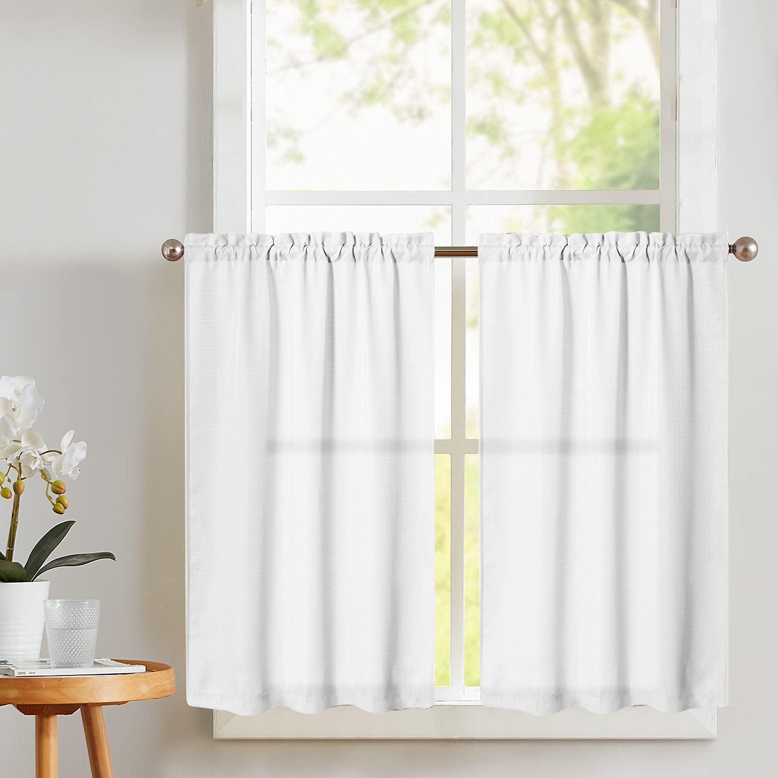 Book Cover Vangao White Kitchen Curtains 24 Inch Length Casual Weave Textured Cafe Curtain Semi Sheer Short Curtain for Bathroom Bedroom Tier Curtains Rod Pocket Half Window Curtain 2 Panels W34 x L24 White