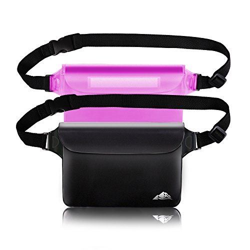 Book Cover HEETA 2-Pack Waterproof Pouch, Screen Touch Sensitive Waterproof Bag with Adjustable Waist Strap - Keep Your Phone and Valuables Dry - Perfect for Swimming Diving Boating Fishing Beach, Black & Pink