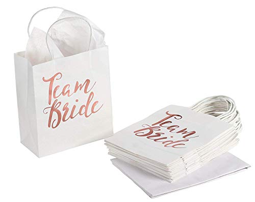 Book Cover Bridesmaid Gift Bag - 15-Pack Team Bride White Paper Bag for Bachelorette Party Favors, Bridal Party Bags Includes Tissue Paper, Rose Gold Foil, 8 x 4 x 9 inches
