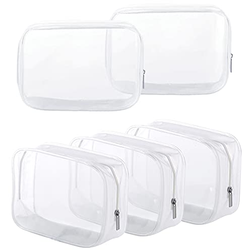 Book Cover 5 Pack Clear Plastic Zippered Toiletry Carry Pouch TSA Approved Toiletry Bag Portable Cosmetic Makeup Bag for Vacation, Bathroom and Organizing (Small, White)