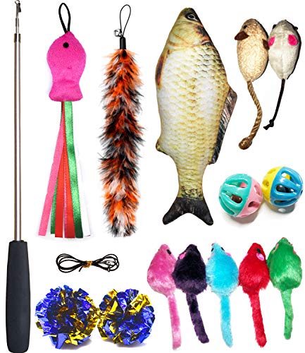 Book Cover Cat Toys Set, Cat Retractable Teaser Wand, Catnip Fish, Interactive Cat Feather Toy, Mylar Crincle Balls, Two Cotton Mice, Four Fluffy Mouse