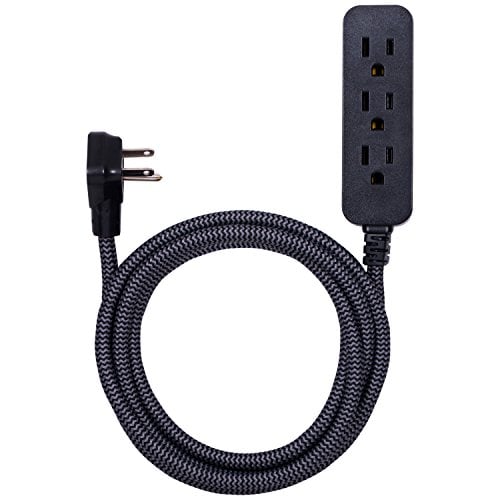 Book Cover GE Designer Extension Cord With Surge Protection, Braided Power Cord, 8 ft, 3 Grounded Outlets, Flat Plug, Premium, Black/Grey, 41282