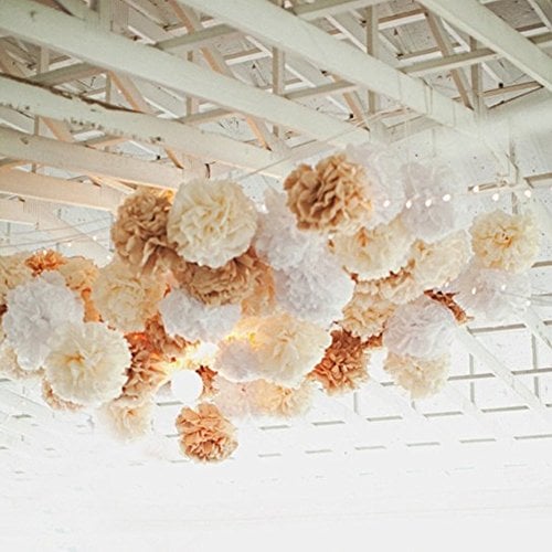 Book Cover 10PCS Mixed Cream Tan Brown White Party Tissue Paper Pom Poms Streamers Neutral Birthday Baby Shower Wedding Nursery Classroom Hanging Decoration