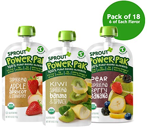 Book Cover Sprout Organic Stage 4 Toddler Food Power Pak Pouches, Variety Pack, 4 Ounce (Pack of 18) 6 of Each Superblend: Apple Apricot Strawberry, Kiwi Banana Spinach & Pear Blackberry Banana