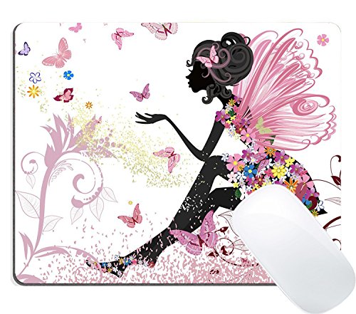 Book Cover Wknoon Butterflies Fairy Mouse Pad, Cartoon Fairytale Pink Butterfly Beautiful Girl Non-Slip Rubber Mouse Pads Gaming Mat
