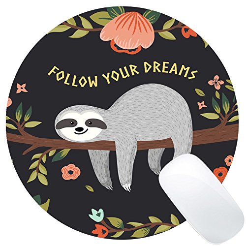 Book Cover Wknoon Round Gaming Mouse Pad Custom Design, Follow Your Dreams Quotes Cute baby Sloth On The Tree