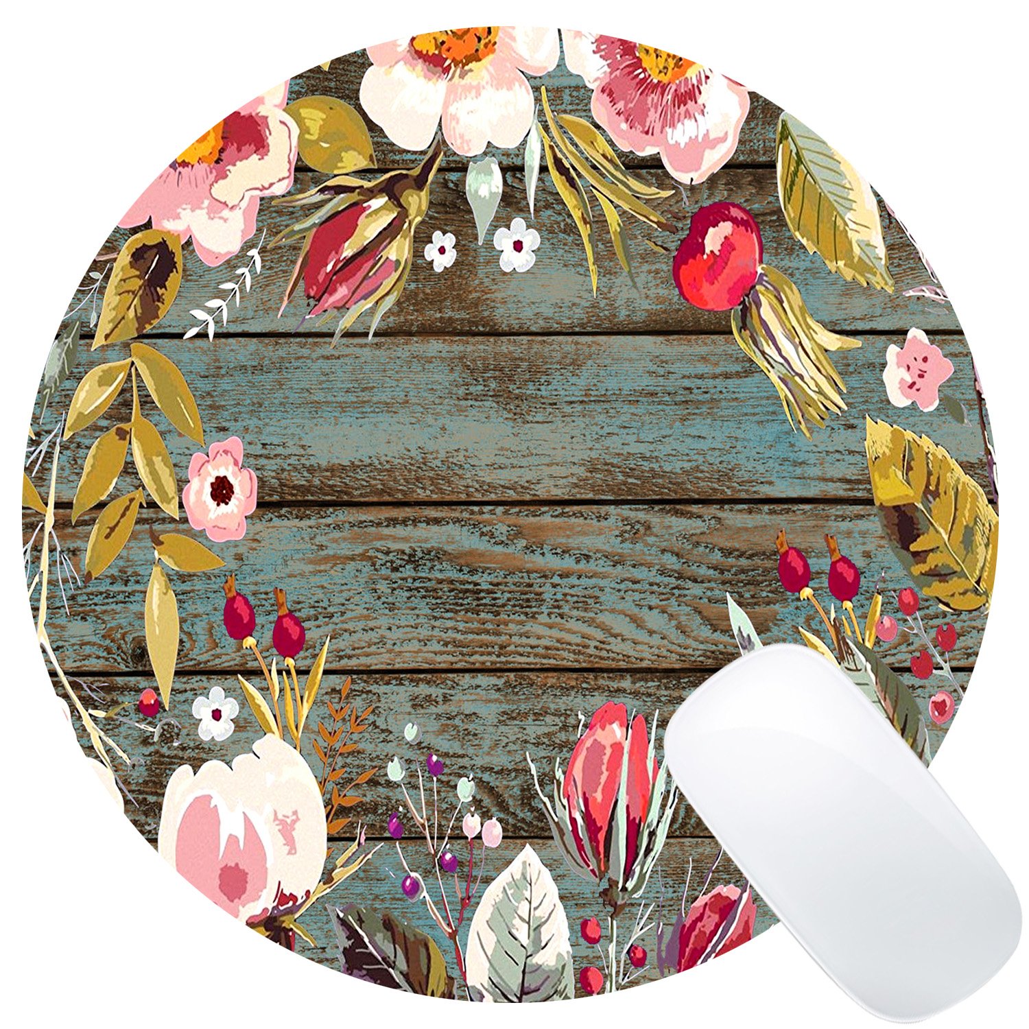 Book Cover Wknoon Cute Round Mouse Pad Custom, Vintage Hand Drawn Floral Wreath Art on Rustic Wood Circular Mouse Pads for Computers Laptop Color_CR37