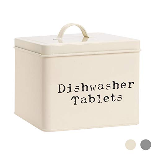 Book Cover Harbour Housewares Industrial Dishwasher Tablet Storage Tin - Vintage Style Steel Kitchen Storage Caddy with Lid - Cream