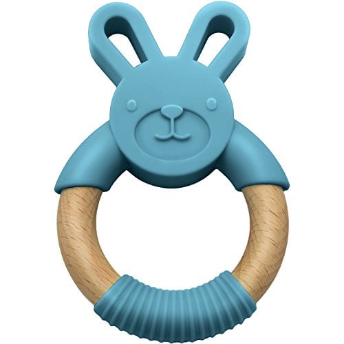 Book Cover LittleFoot Nation Organic & Natural Bunny Rabbit Baby Teether Ring, 100% BPA Free Pure Food Grade Silicone & Beech Wood, Teething Pain Relief Toy for Toddlers & Infants (Blue)
