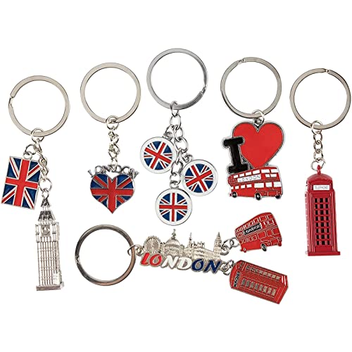 Book Cover 6 Pack London Keychains, British Souvenir Gifts, UK Flag, Telephone Booth, Big Ben, Double-Decker Bus, England Metal Key Rings