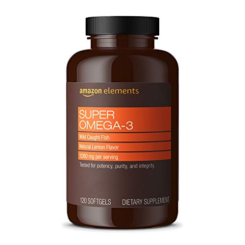 Book Cover Amazon Elements Super Omega-3 with Natural Lemon Flavor - EPA & DHA Omega-3 fatty acids - 120 Softgels (1280 mg per serving, 2 Softgels) (Packaging may vary)